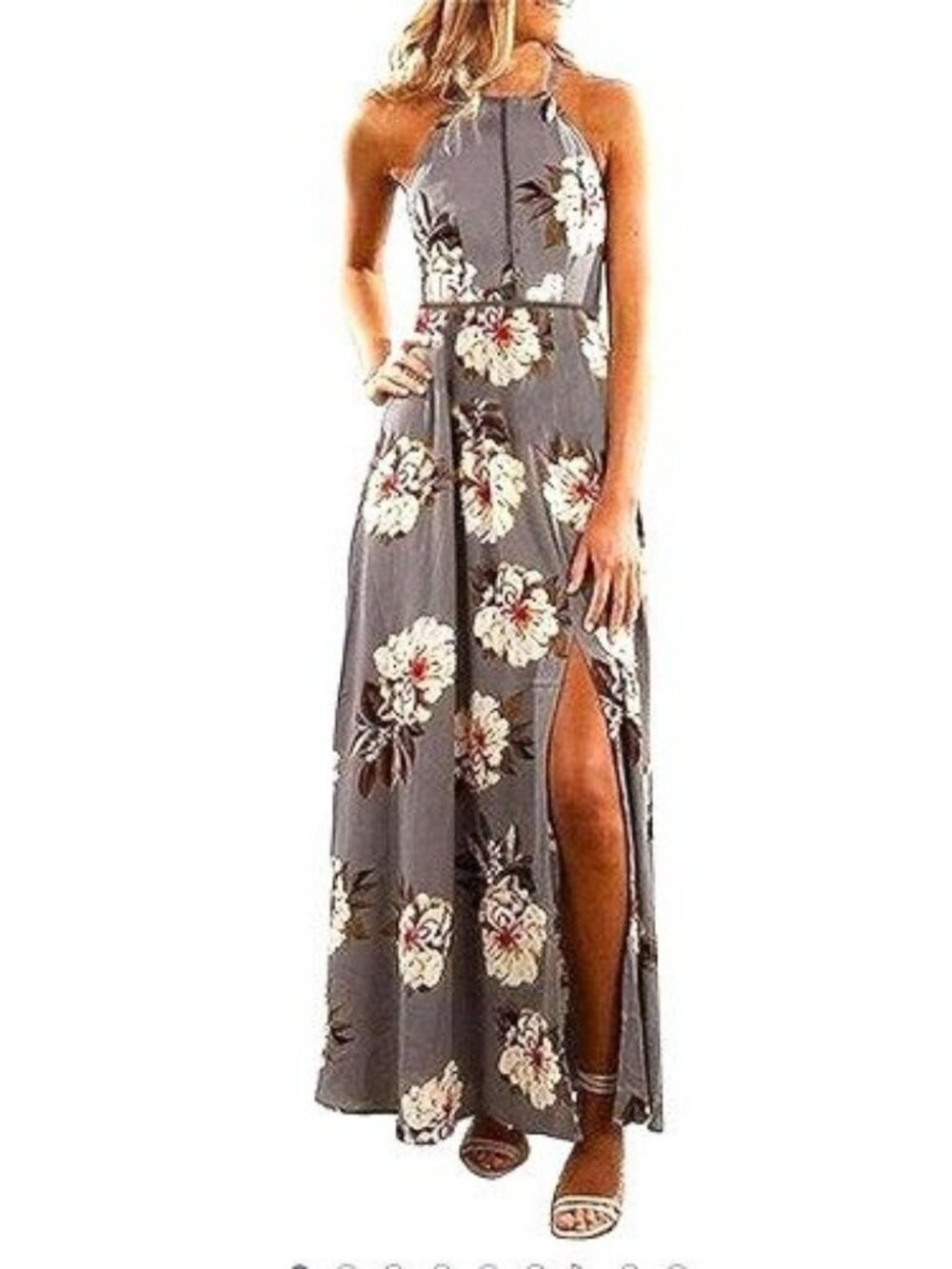 NWT Zesica Floral M Gray Halter Split Dress Sleeveless Maxi Backless Tie Cut Out